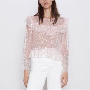 NEW ZARA PINK SEQUIN RUFFLE TOP, S